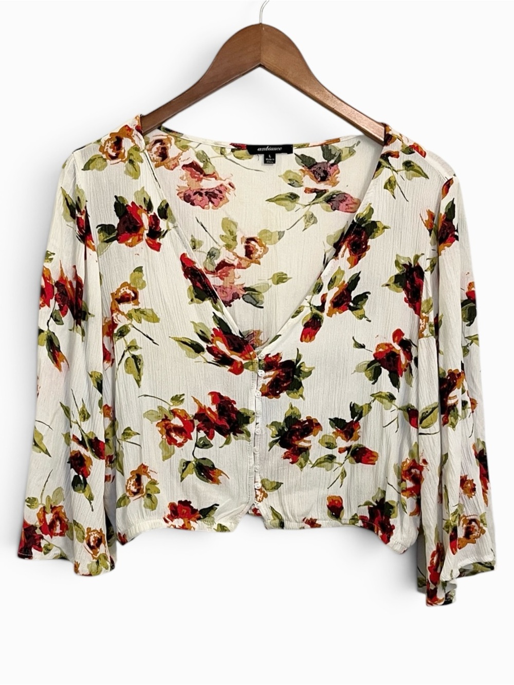 Cream Floral V-Neck Button Front Flowy Cropped Blouse